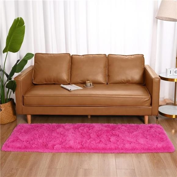 Shag Runner Rug for Bedroom,2x6 Feet Fluffy Rugs with Non-Slip Bottom, Hot Pink - Picture 2 of 6